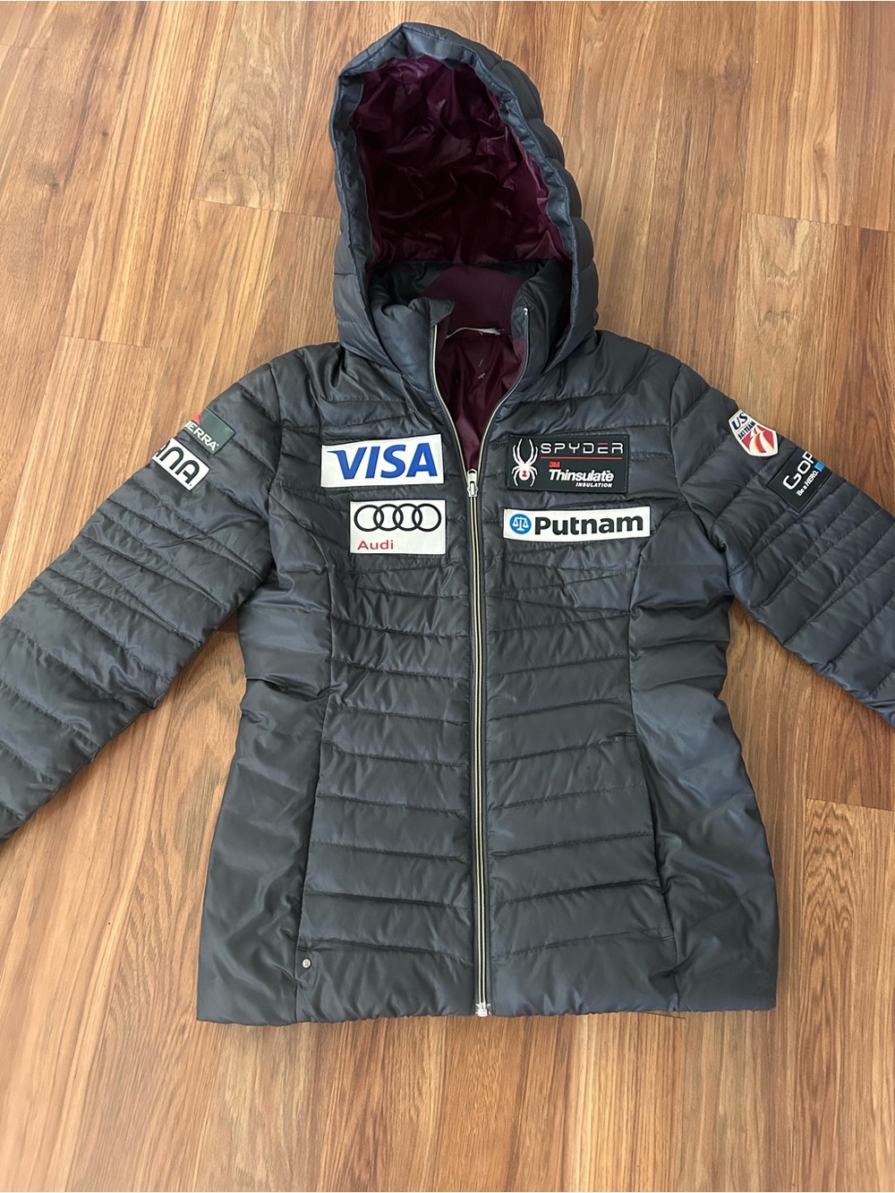 US SKI TEAM Spyder Women's Gray Hooded Quilted Puffer Jacket with Patch Logos